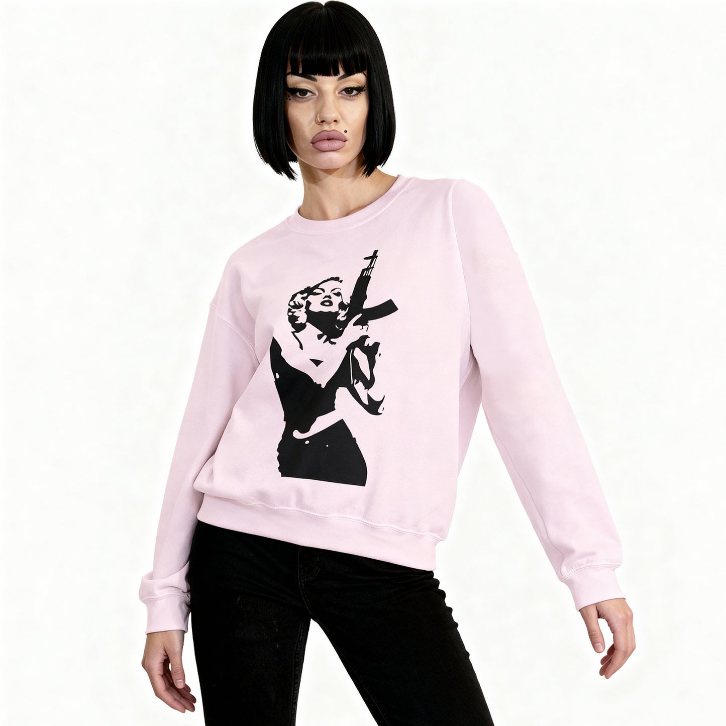Model wearing Femme Fatale Pink Sweatshirt – bold women’s streetwear by Rave Drip