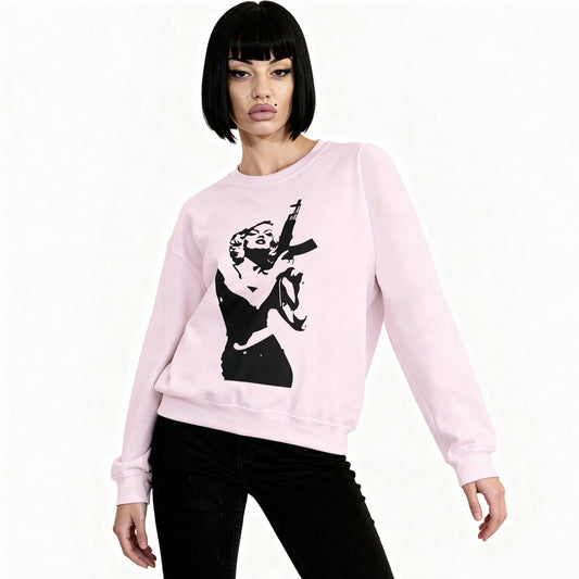 Model wearing Femme Fatale Pink Sweatshirt – bold women’s streetwear by Rave Drip