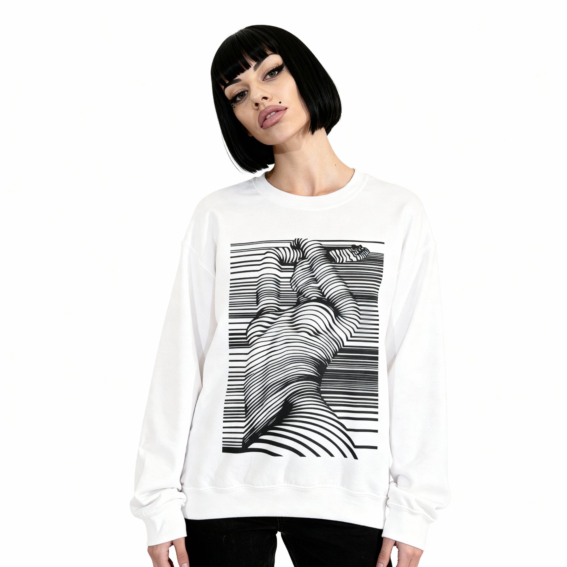 Model wearing Naked Stripes Artistic Sweatshirt for Women – minimalist streetwear by Rave Drip