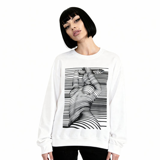 Model wearing Naked Stripes Artistic Sweatshirt for Women – minimalist streetwear by Rave Drip