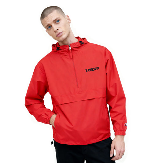 Red Rave Drip x Champion Anorak Jacket - Packable Streetwear Windbreaker