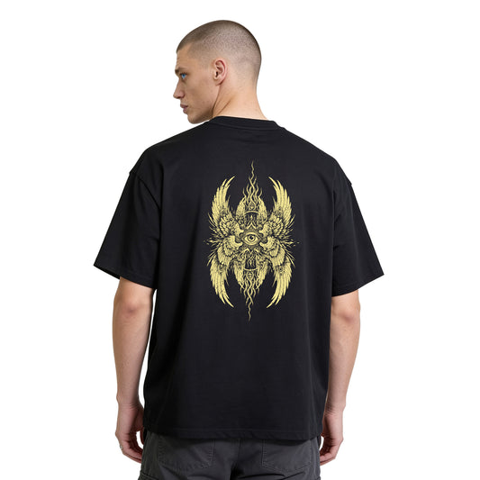 Oversized streetwear t-shirt with front logo and gold Seraphim back graphic on a male model back shot 