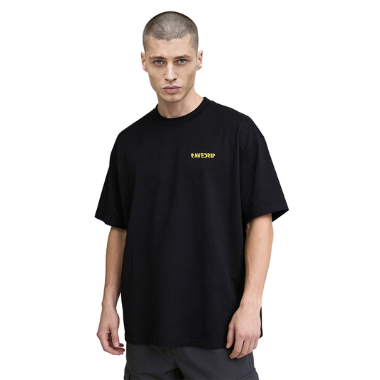 Oversized streetwear t-shirt with front logo and gold Seraphim back graphic on a male model front view