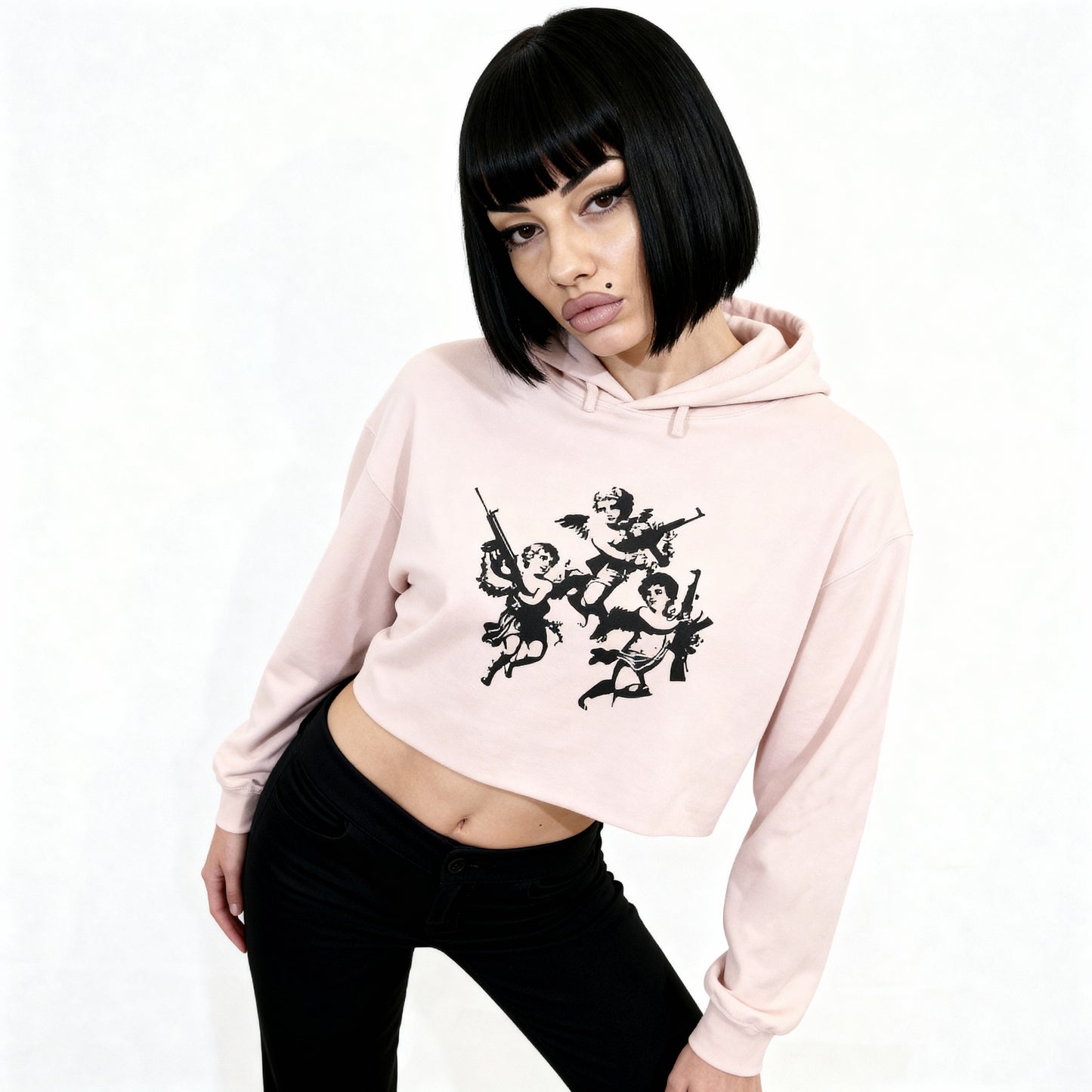 Angels with Guns Pink Crop Hoodie - Edgy Streetwear