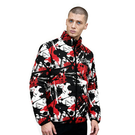 Men's Puffer Jacket with Edgy Black, Red & White Graffiti Print