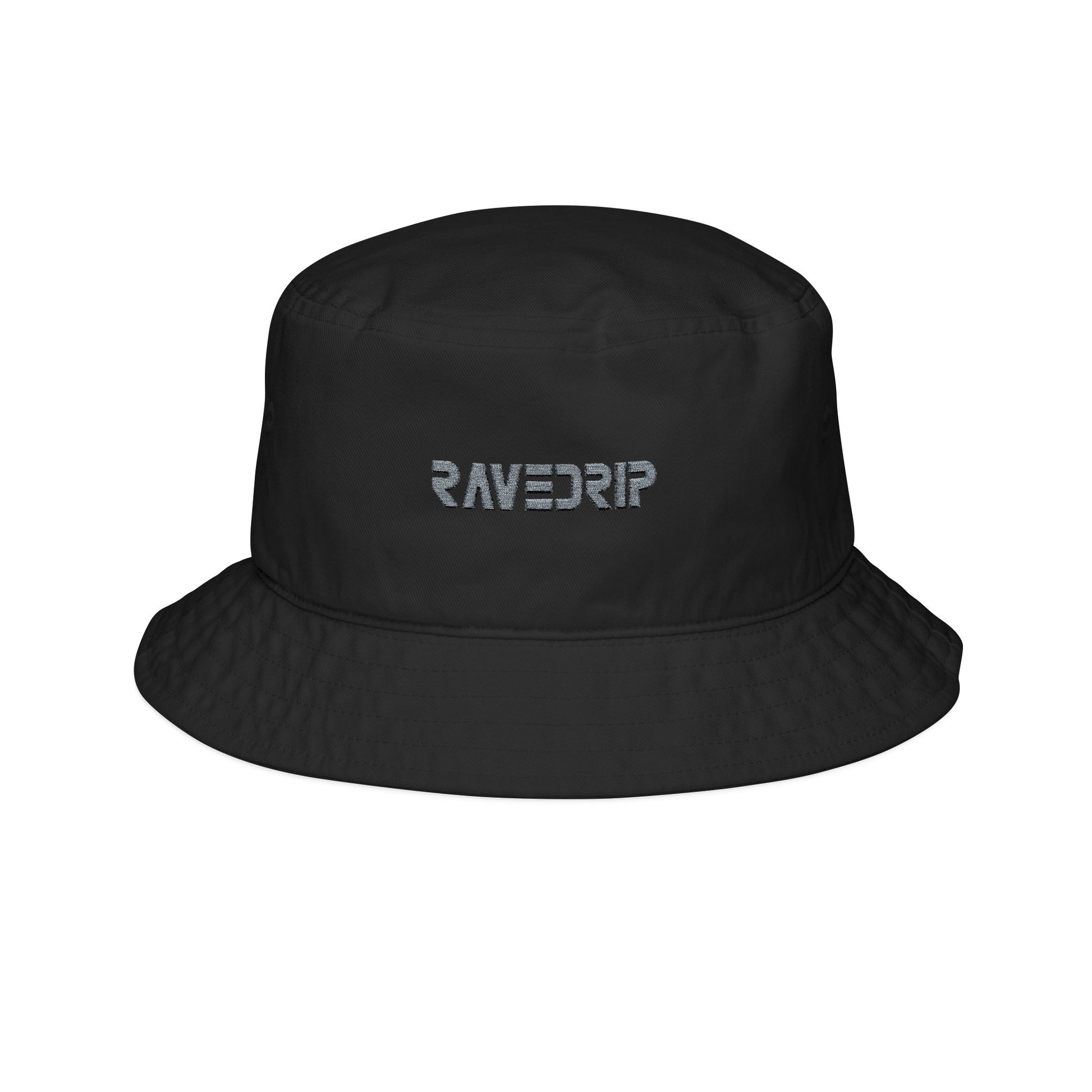 RAVEDRIP black luxury streetwear cotton twill bucket hat with grey front embroidery
