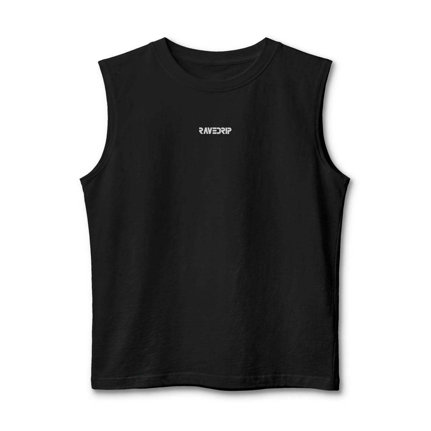 RAVEDRIP black muscle tank sleeveless unisex streetwear top flat lay front view