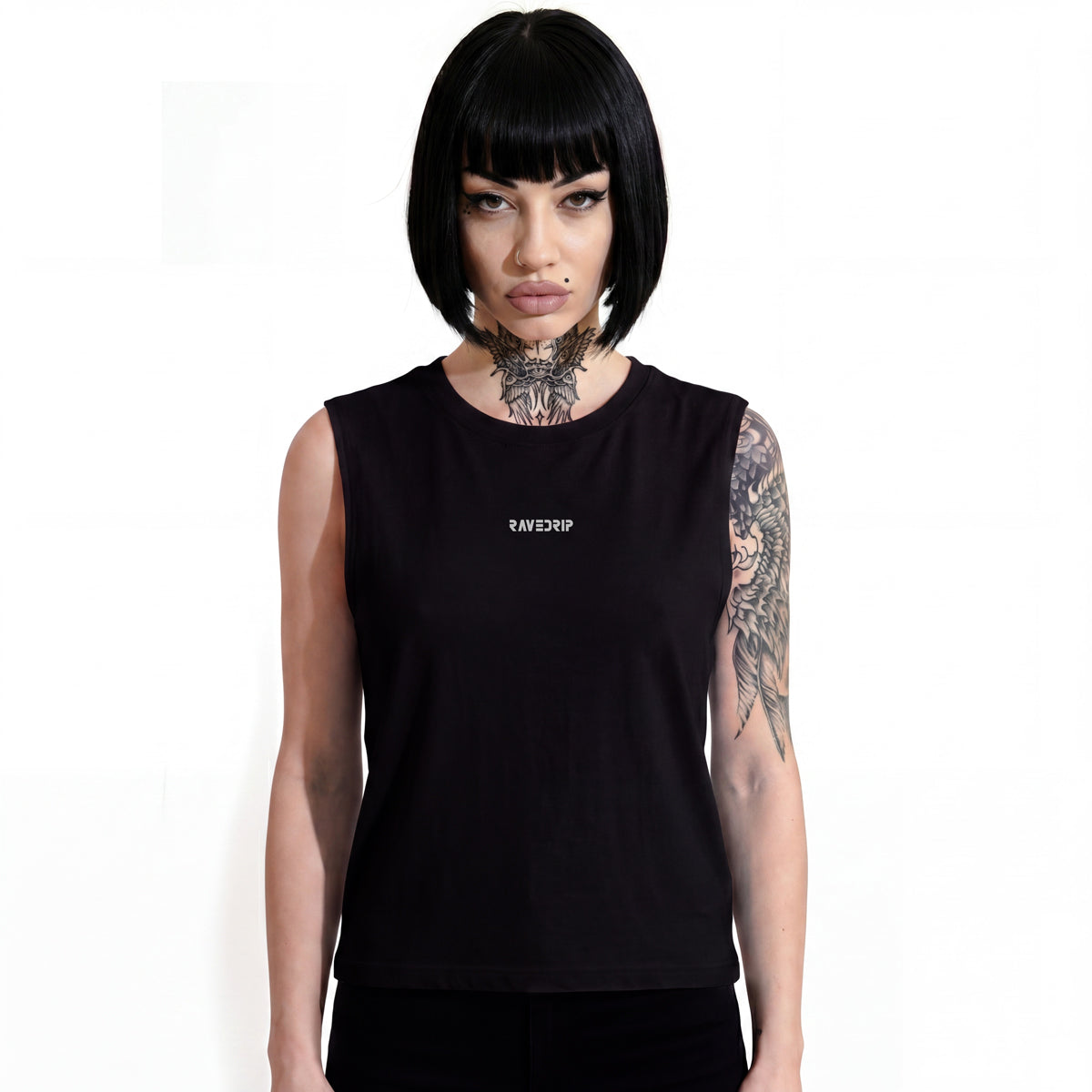 RAVEDRIP black muscle tank sleeveless unisex streetwear top worn on model front view