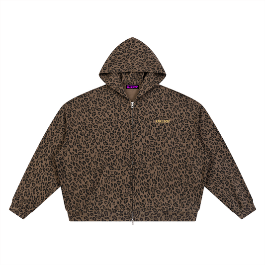 RAVEDRIP leopard print waffle full zip hoodie oversized streetwear flat lay front view