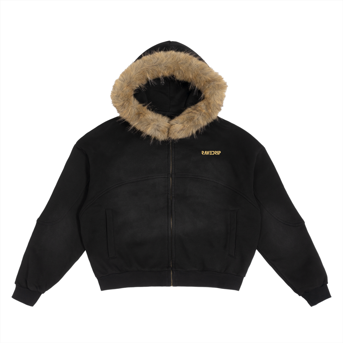 RAVEDRIP oversized sun fade boxy hoodie with detachable fur-lined hood