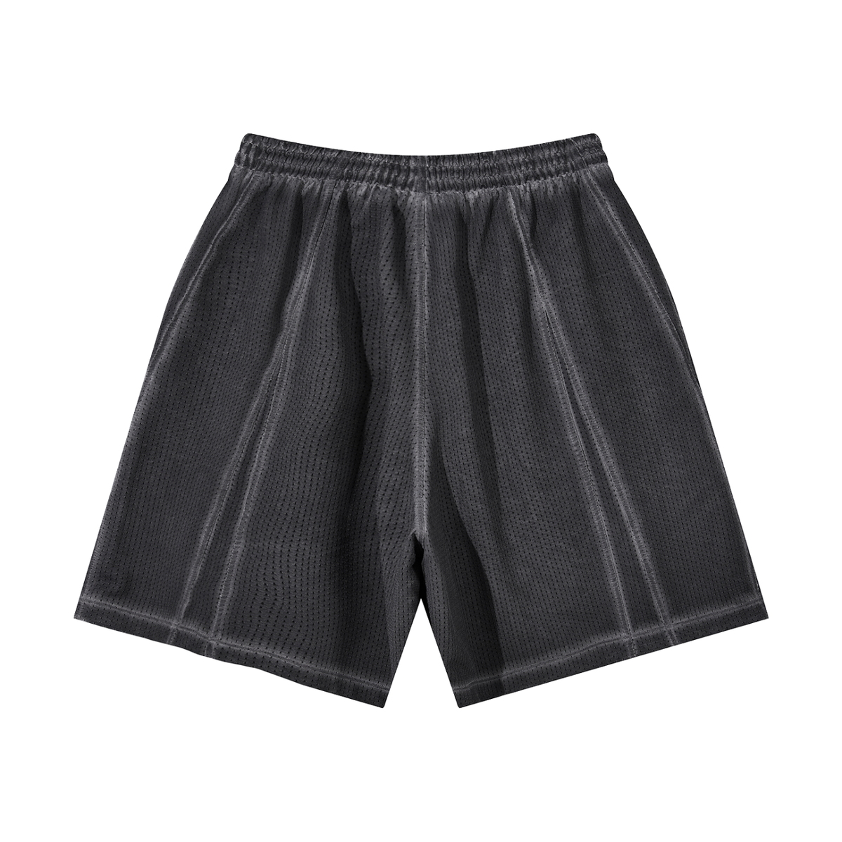 RAVEDRIP vintage wash mesh shorts featuring a loose silhouette, heavyweight 440 GSM polyester fabric, and minimal logo branding. back