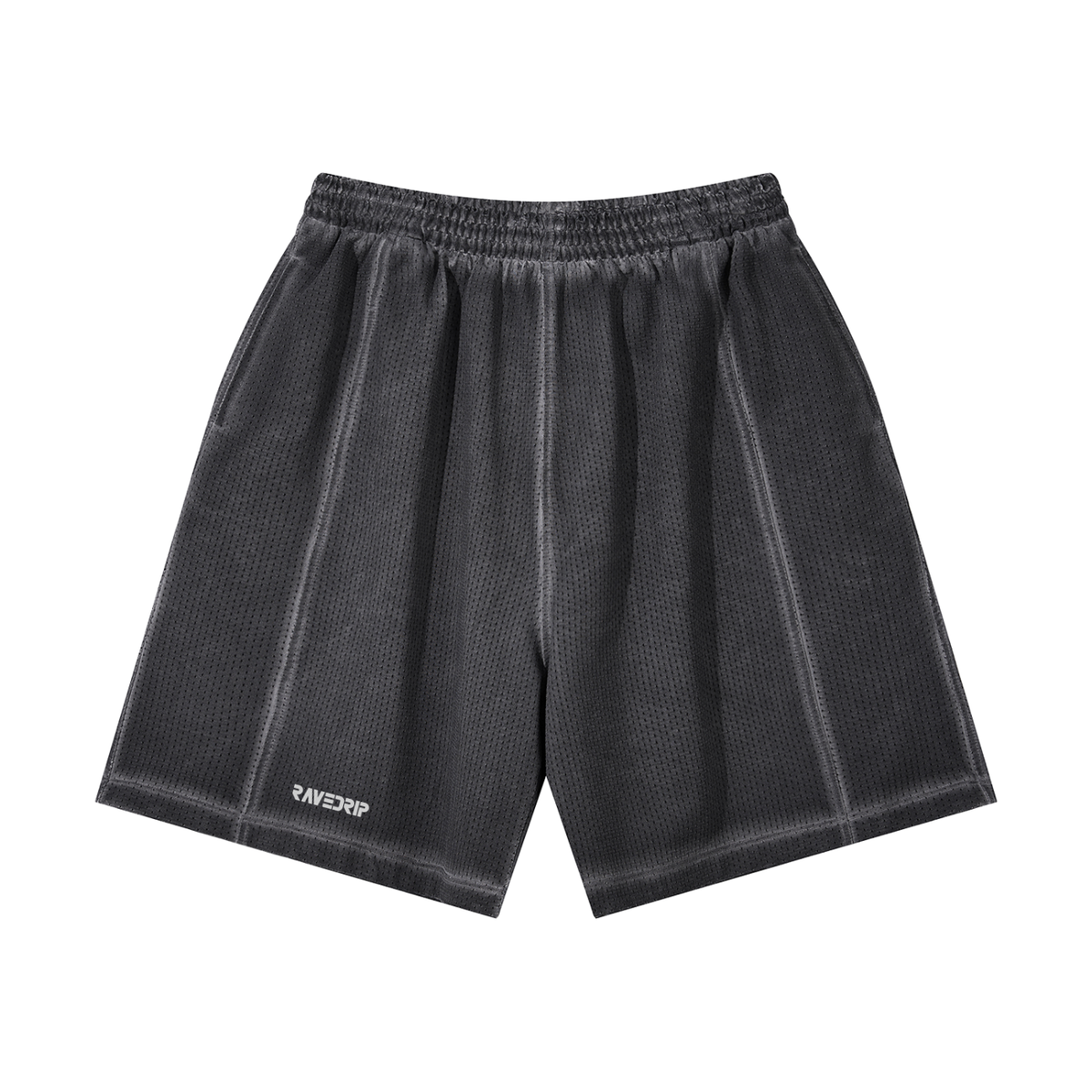 RAVEDRIP vintage wash mesh shorts featuring a loose silhouette, heavyweight 440 GSM polyester fabric, and minimal logo branding. front