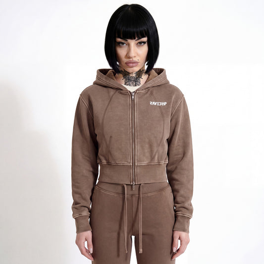 RAVEDRIP women's vintage washed cropped fleece hoodie with detachable hood front view