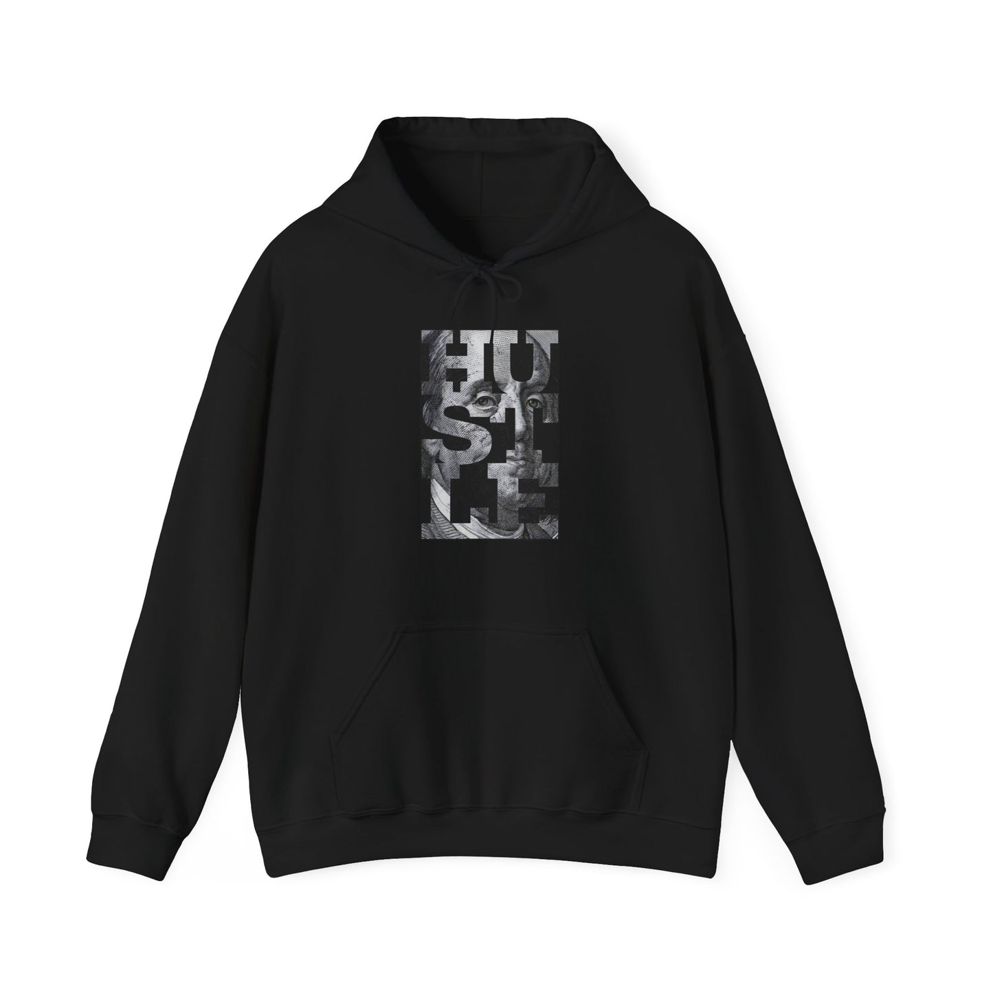 Rave Drip Hustle Block Letter Streetwear Hoodie flat lay – black urban hoodie with bold white block lettering, unisex streetwear fashion