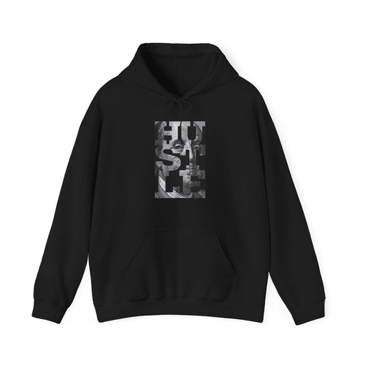 Rave Drip Hustle Block Letter Streetwear Hoodie flat lay – black urban hoodie with bold white block lettering, unisex streetwear fashion