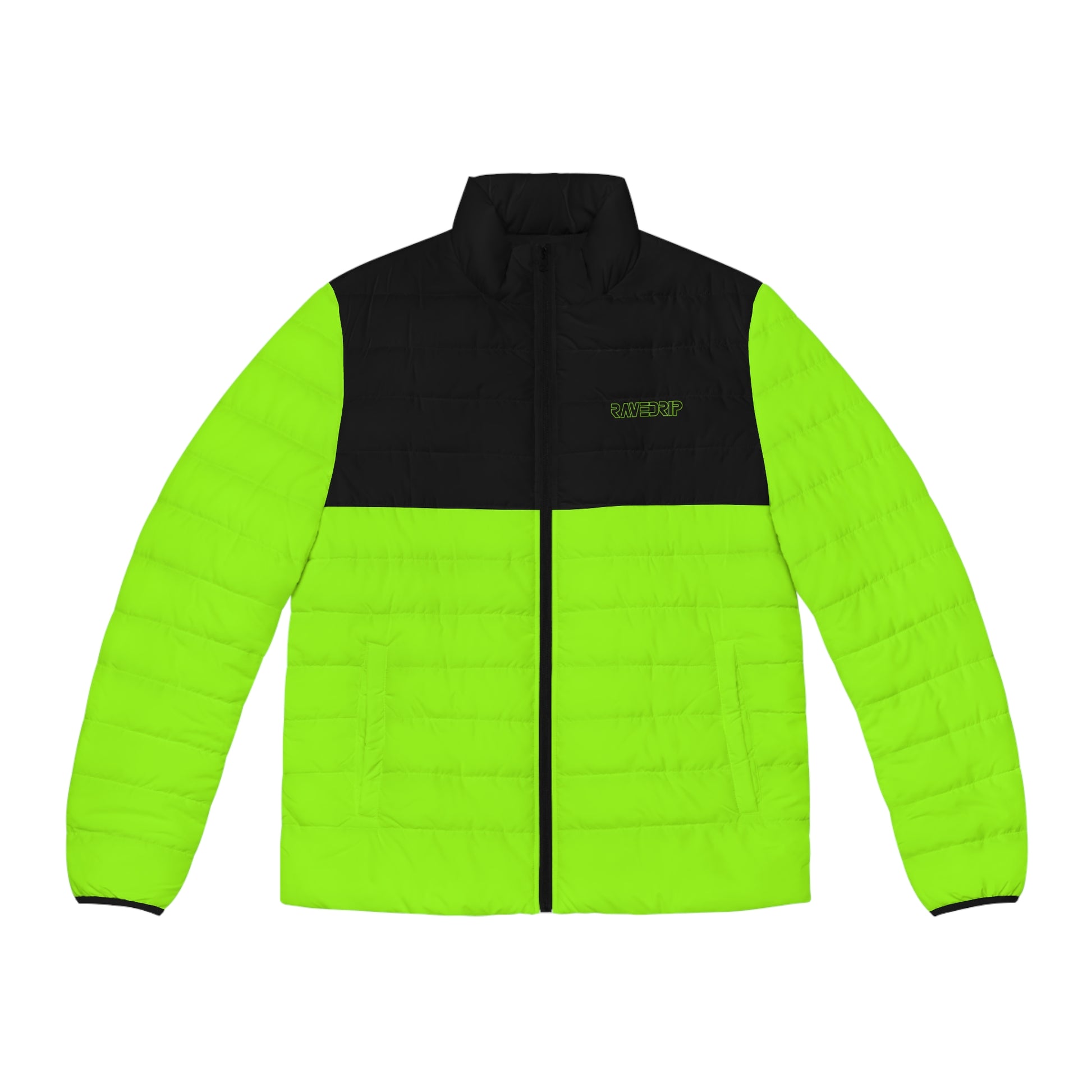 Rave Drip Neon Green Men’s Puffer Jacket front view