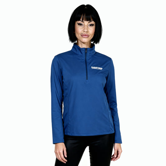 Rave Drip blue women’s quarter-zip pullover with cadet collar, dropped tail, and athletic fit – lightweight activewear top made in the USA.