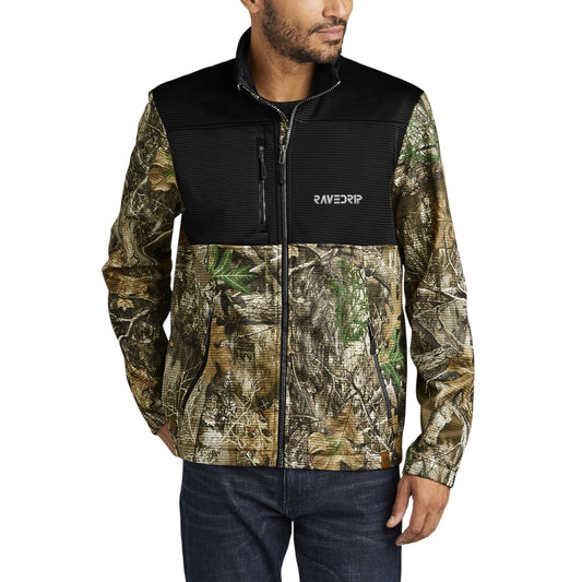 Rave Drip men’s colorblock soft shell jacket with embroidered logo, water-resistant polyester, outdoor streetwear design.