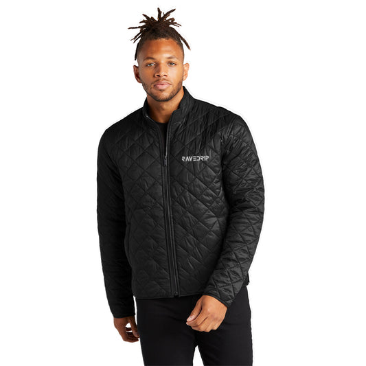 Rave Drip men’s quilted full-zip jacket with diamond stitch design, embroidered logo, and water-repellent finish, modern streetwear style.