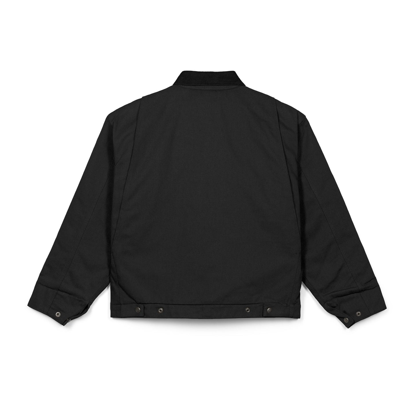 Rear flat lay view of the RAVEDRIP Blank Slate Structured Canvas Jacket, emphasizing the clean heavy canvas back panel, triple-needle shoulder stitching, and adjustable waist tabs.
