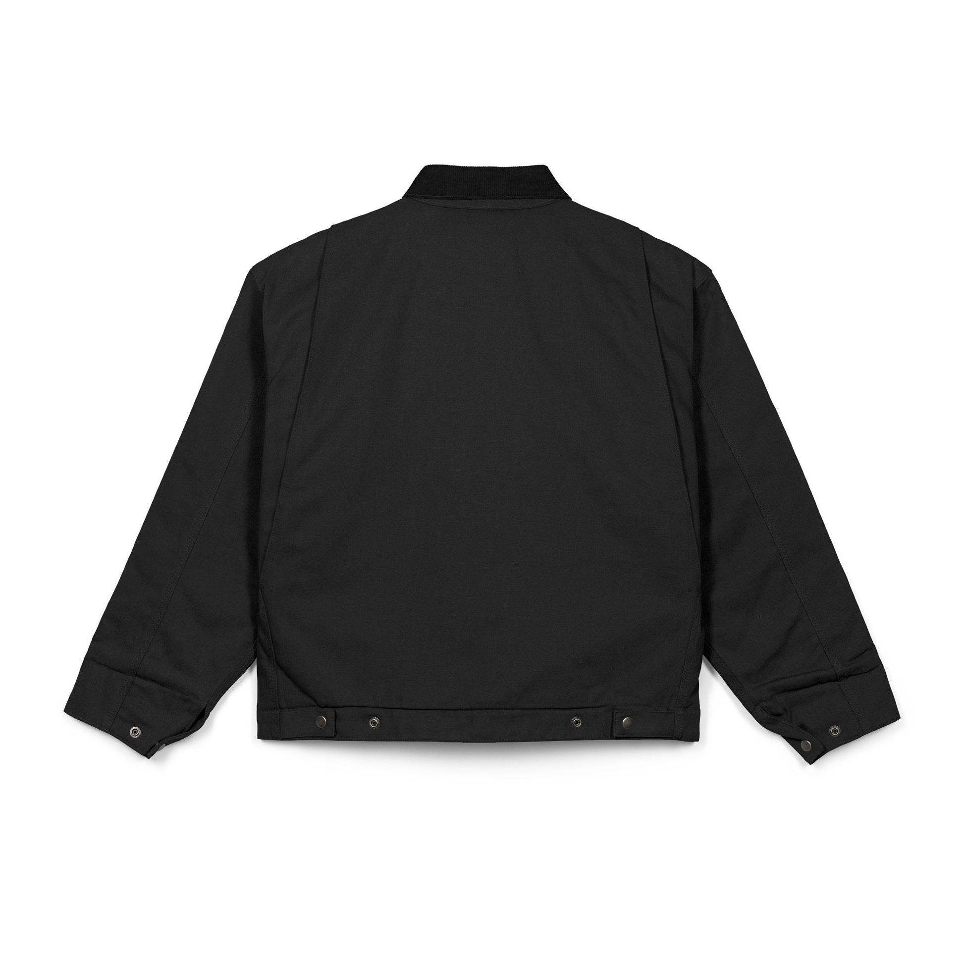 Rear flat lay view of the RAVEDRIP Blank Slate Structured Canvas Jacket, emphasizing the clean heavy canvas back panel, triple-needle shoulder stitching, and adjustable waist tabs.