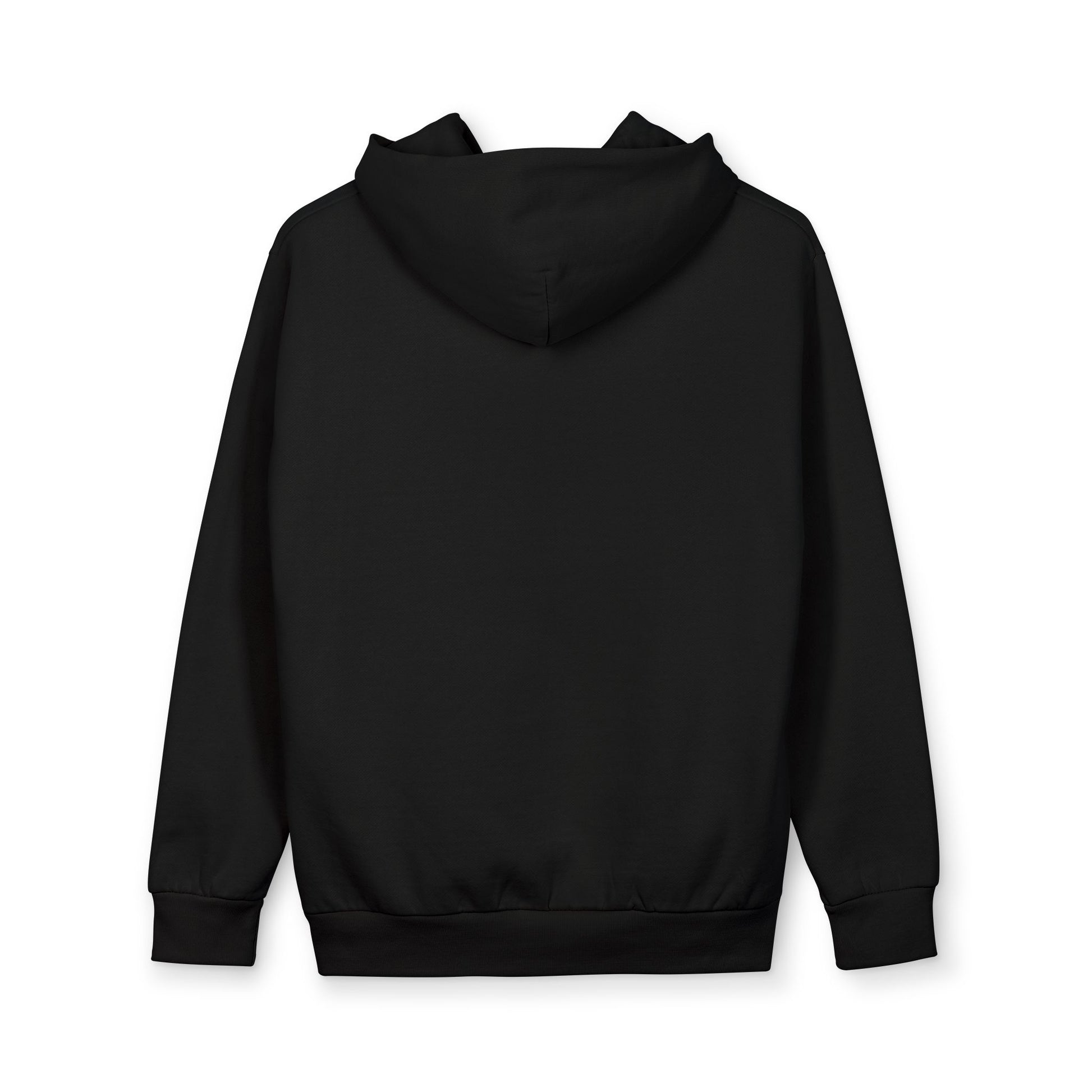 Rear flat lay view of the premium RAVEDRIP Blank Slate Heavyweight Hoodie in matte black, highlighting the clean back panel, drop-shoulder seams, and the heavy structured double-layer hood.
