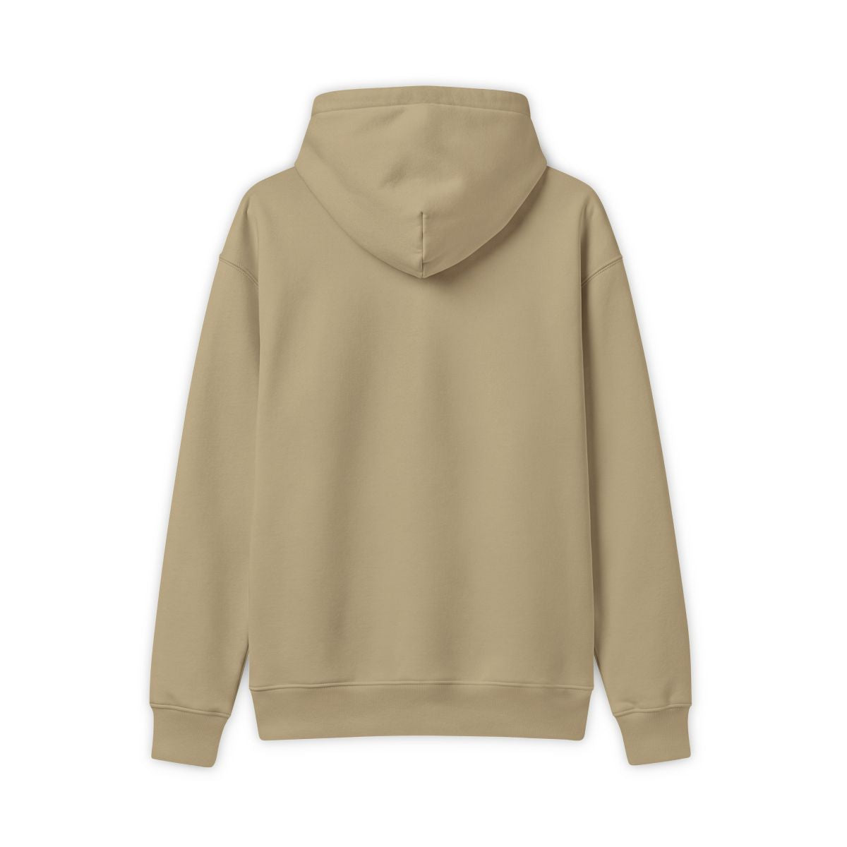 Rear flat lay view of the premium RAVEDRIP Core Fleece Heavyweight Hoodie in earth-tone khaki, highlighting the clean back panel, thick double-lined hood, and premium ribbed hem.