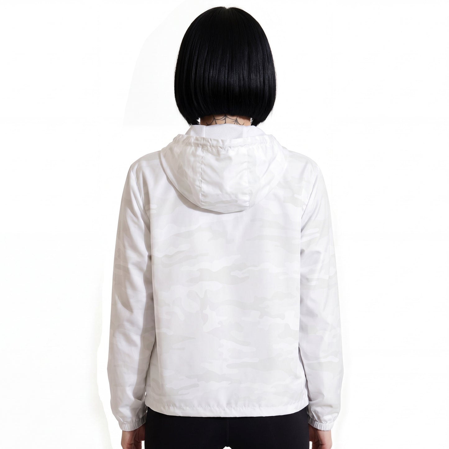 Rear view of RAVEDRIP Women's Lightweight Windbreaker Jacket in white camo pattern, streetwear hooded windproof jacket with loose regular flat waist hem and relaxed integrated hood on shoulders, alternative female model facing away, professional studio fashion photography.
