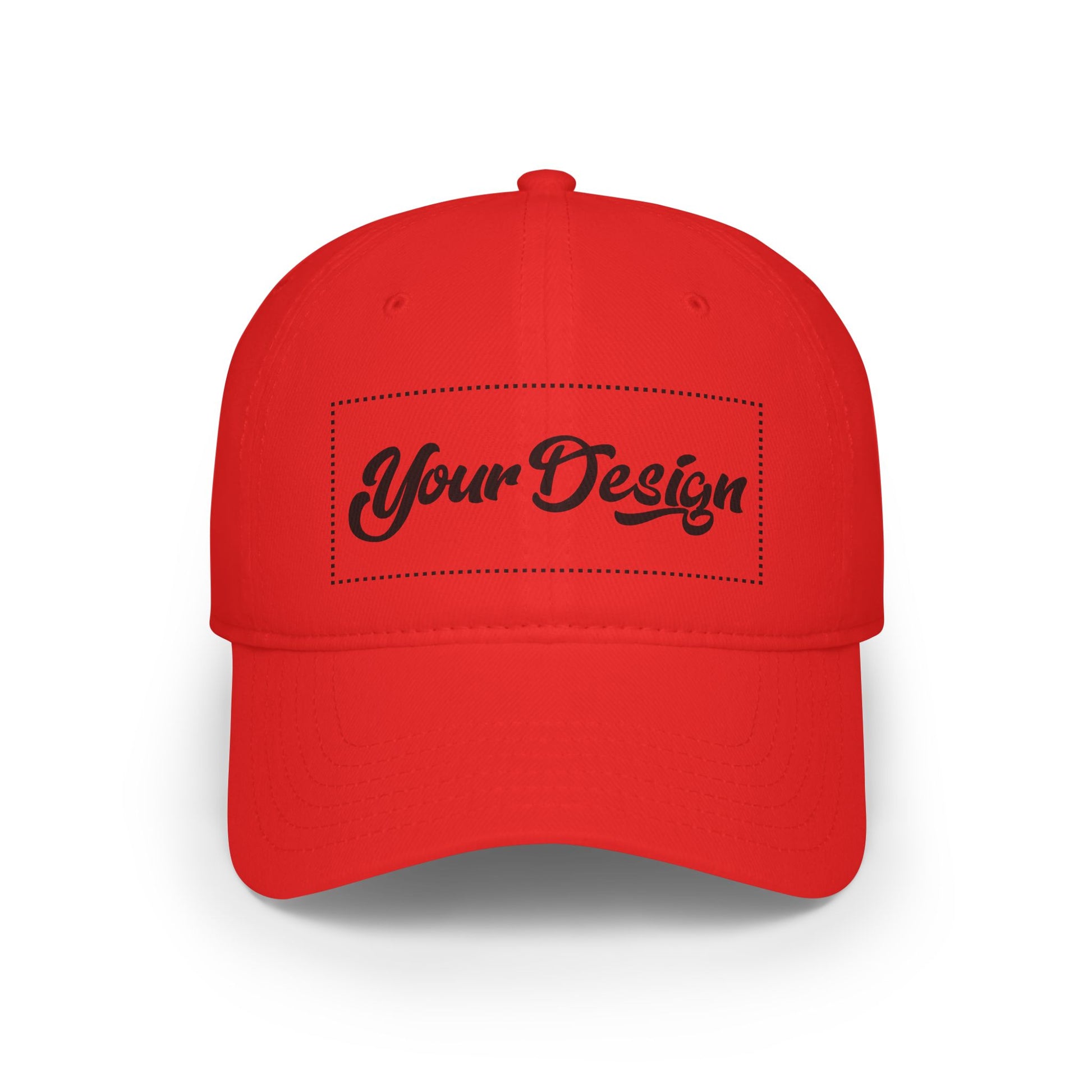 Red casual cotton hat with clear front area for custom phrase or visual, flat lay on clean backdrop.

