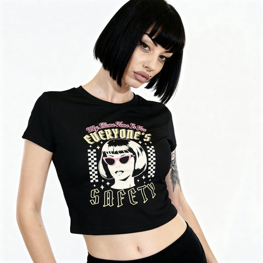 Retro Black Women's Baby Tee – 'Everyone's Safety' | Organic Cotton & Slim Fit