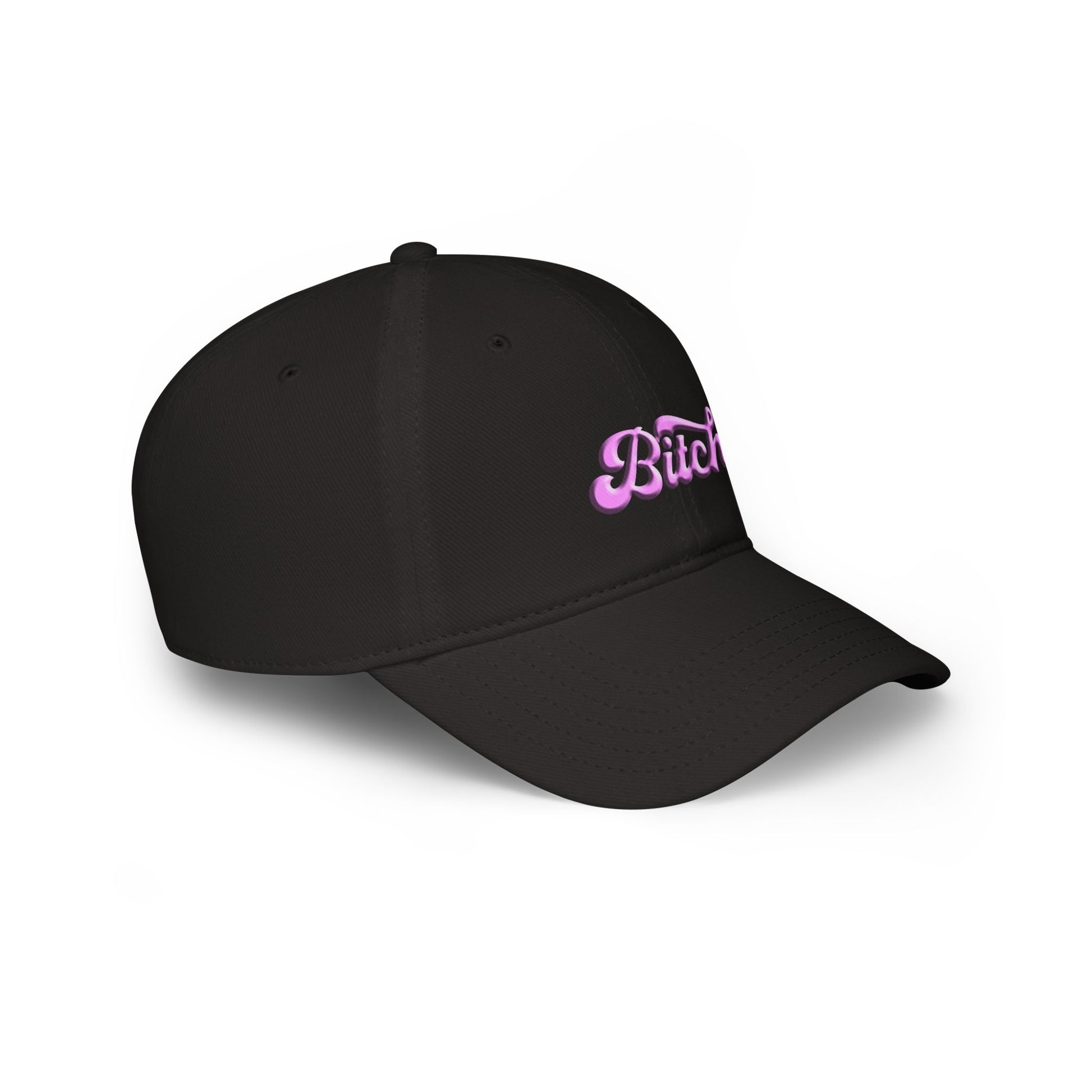 Side angle of black unisex cap with Velcro closure and “Bitch” text on breathable cotton fabric