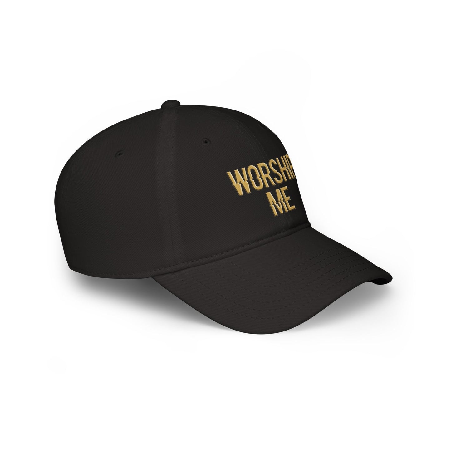 Side view of adjustable “Worship Me” cap showing relaxed fit, breathable cotton, and Velcro strap