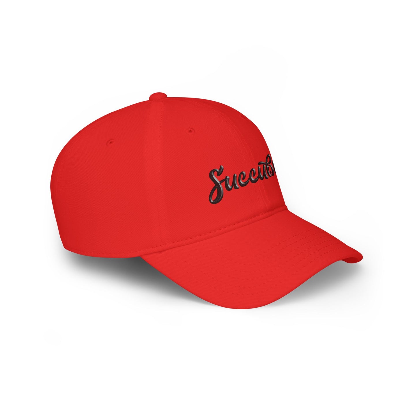 Side view of casual cotton cap showing relaxed fit and adjustable Velcro® closure - Red
