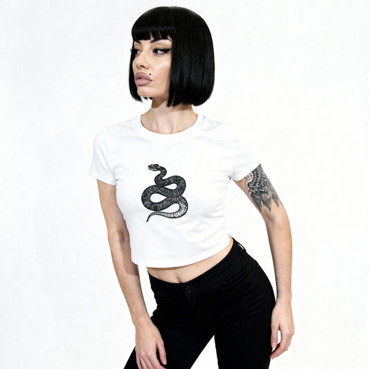 Snake Print White Baby Tee made from 100% Organic Cotton