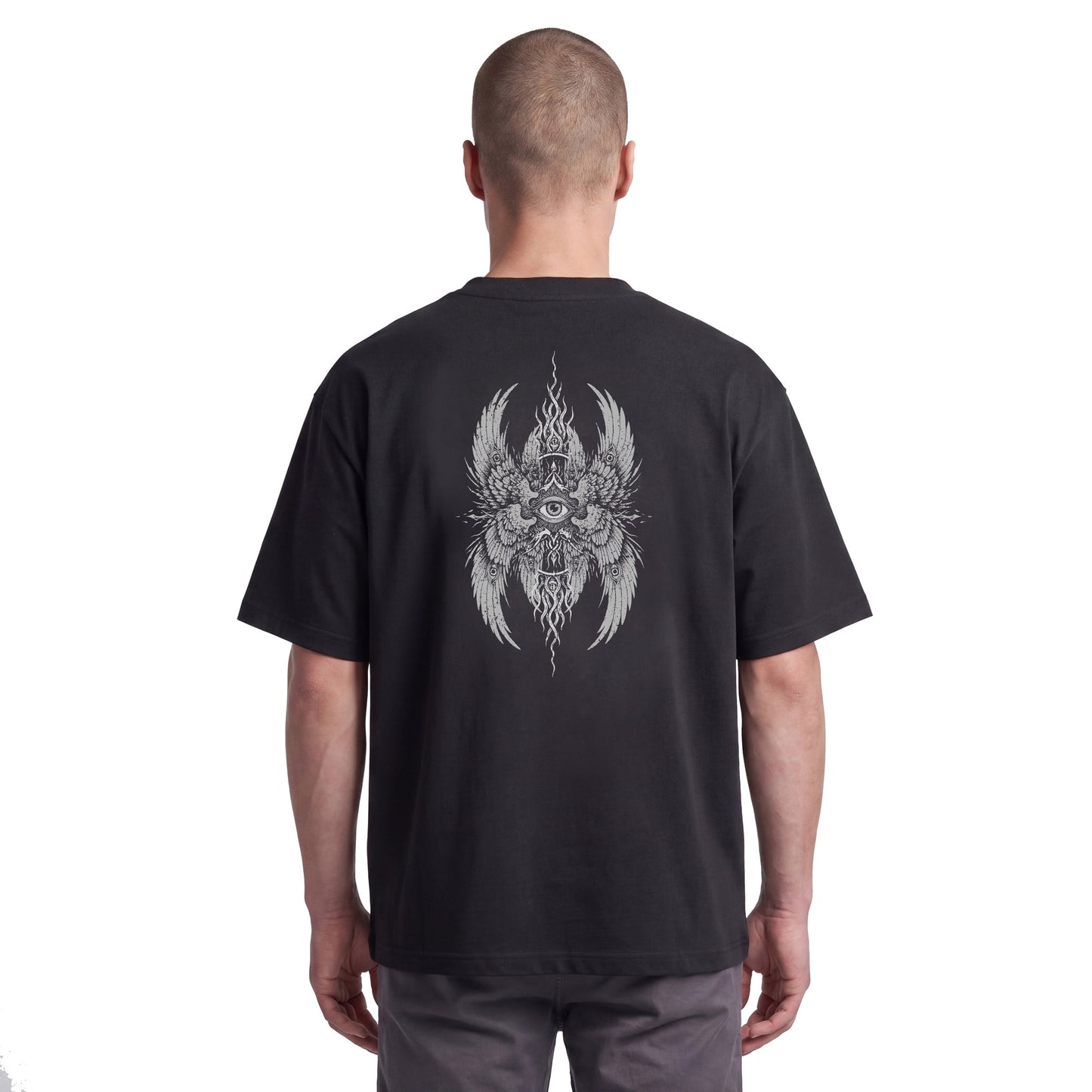 Studio lookbook photography capturing the back view of male model @vlad wearing the RAVEDRIP 'Seraphim Cyber-Sigil' oversized t-shirt. Dominating the frame is the sharp Cool Grey esoteric multi-winged seraphim sigil artwork, highlighting the premium boxy fit and heavy structural density of the garments, shot in professional studio lighting.