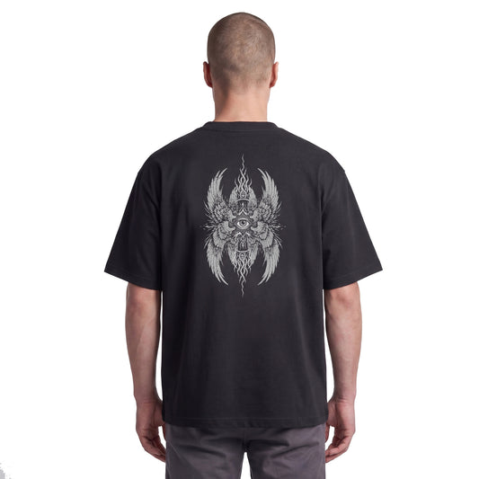Studio lookbook photography capturing the back view of male model @vlad wearing the RAVEDRIP 'Seraphim Cyber-Sigil' oversized t-shirt. Dominating the frame is the sharp Cool Grey esoteric multi-winged seraphim sigil artwork, highlighting the premium boxy fit and heavy structural density of the garments, shot in professional studio lighting.