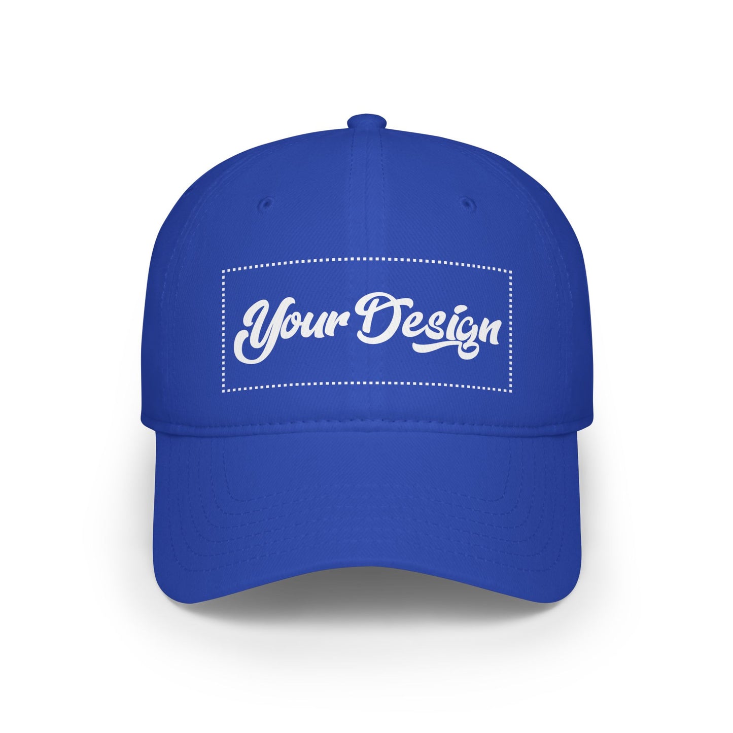 Top view of royal blue adjustable cap, front panel highlighted for personalized design.

