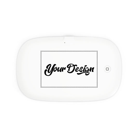 UV phone sanitizer with wireless charging pad featuring 'Your Design' text on a white background flat lay view