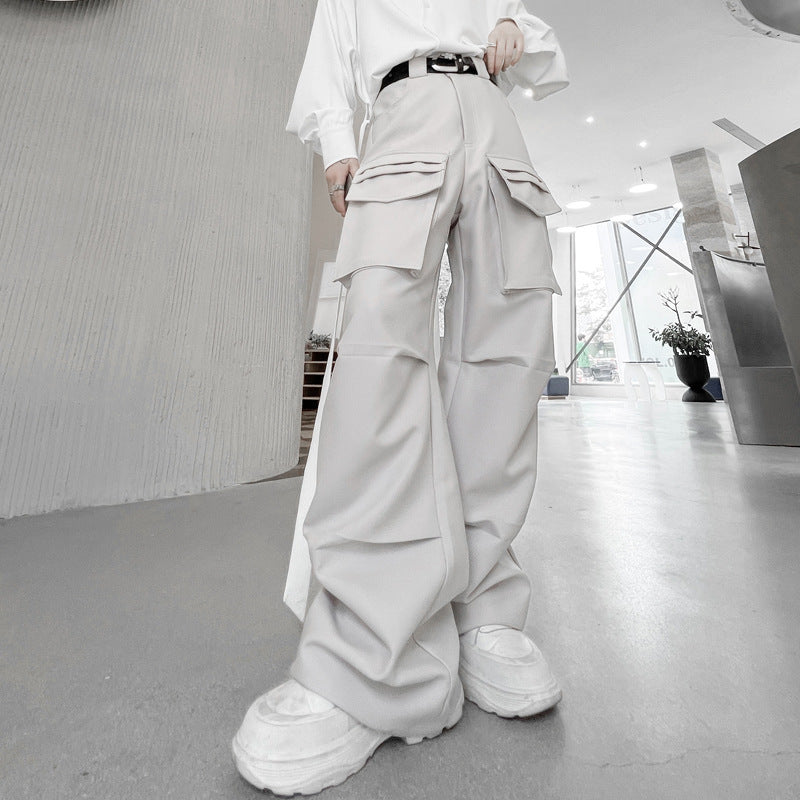 Unisex Multi-Pocket Wide-Leg Pants – Functional Streetwear in Apricot