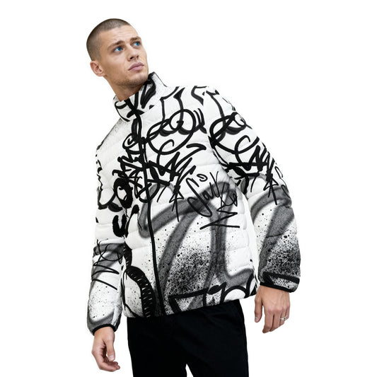 Men's White Puffer Jacket with Edgy Black Graffiti Print