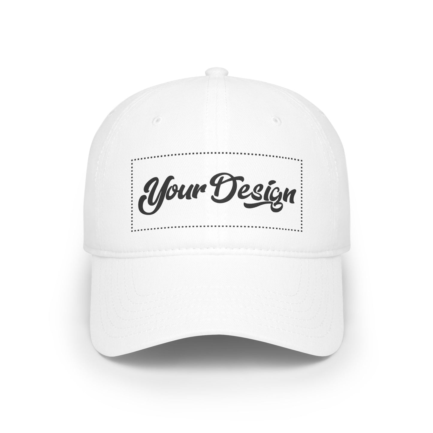 White customizable baseball hat with blank front area for artwork or text, shown on white background.