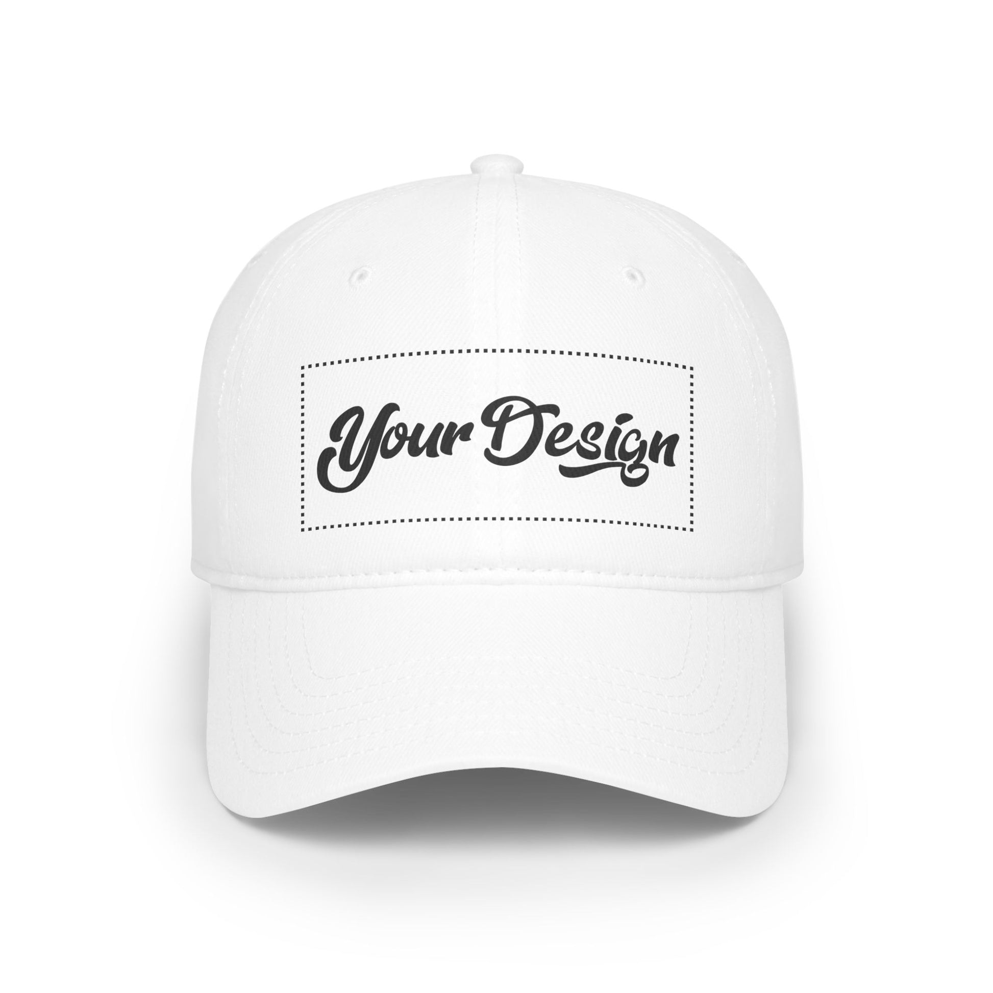 White customizable baseball hat with blank front area for artwork or text, shown on white background.