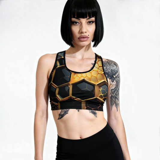 Black & Gold Honeycomb Sports Bra – Built to Slay, Designed to Support