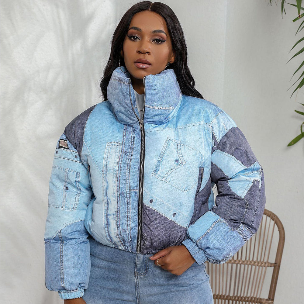 Denim Print Puffer Jacket for Women 