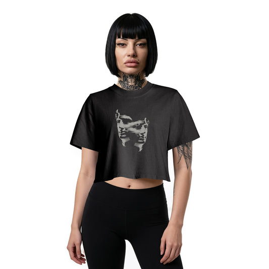 cropped oversized streetwear tee with dual face graphic - front side on female model