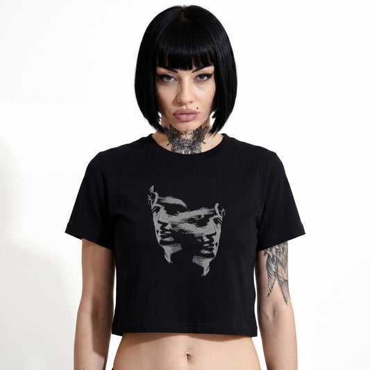 cropped oversized streetwear tee with dual face graphic - on female model
