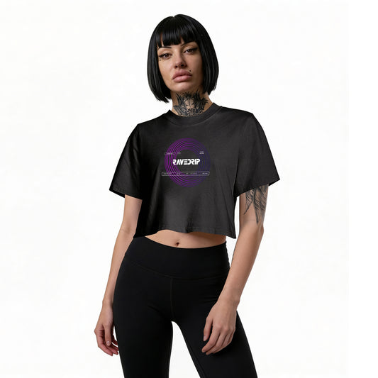 cropped oversized streetwear tee with vortex front graphic - front side on a female model