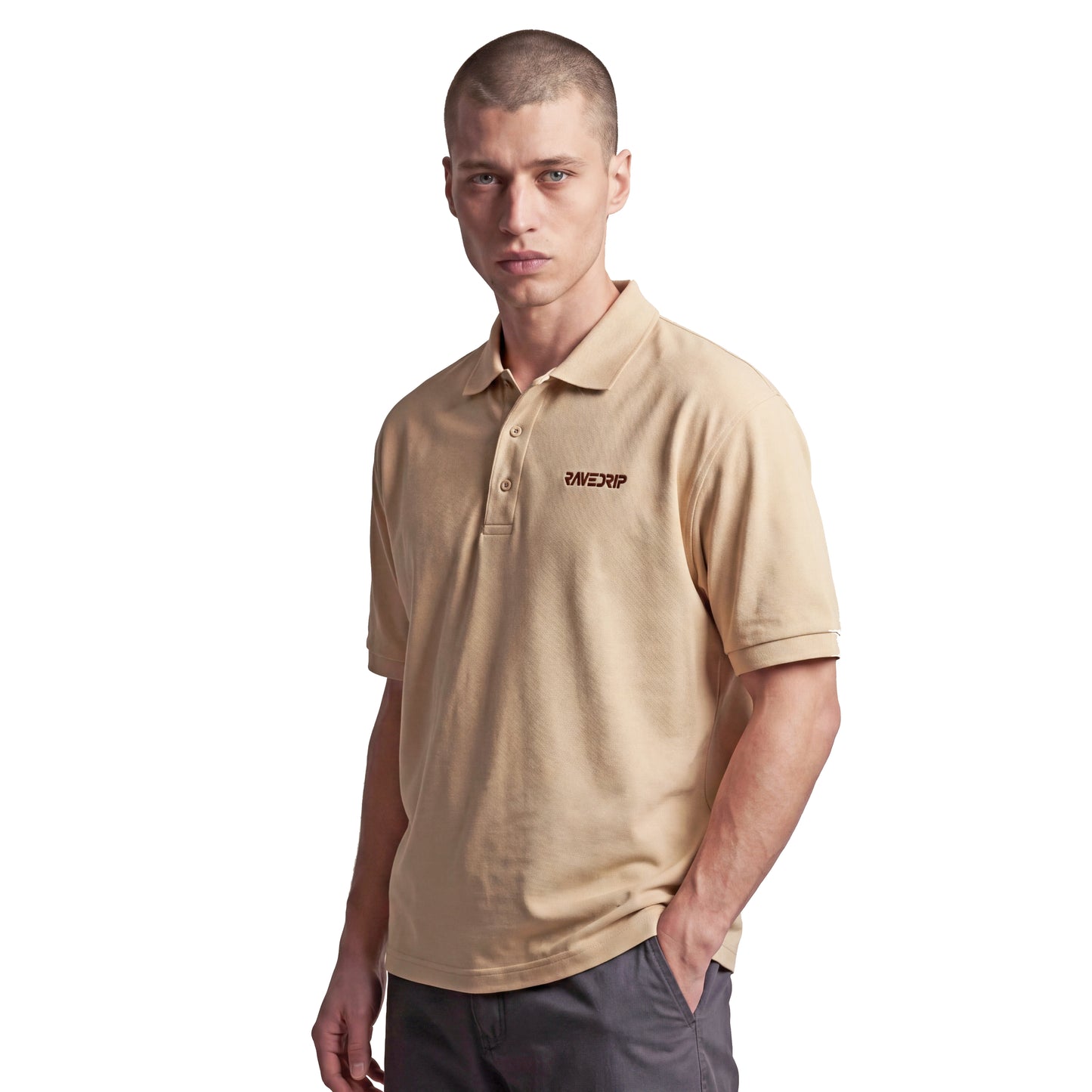 embroidered ravedrip polo shirt stone beige relaxed fit streetwear minimal collar top on a male model