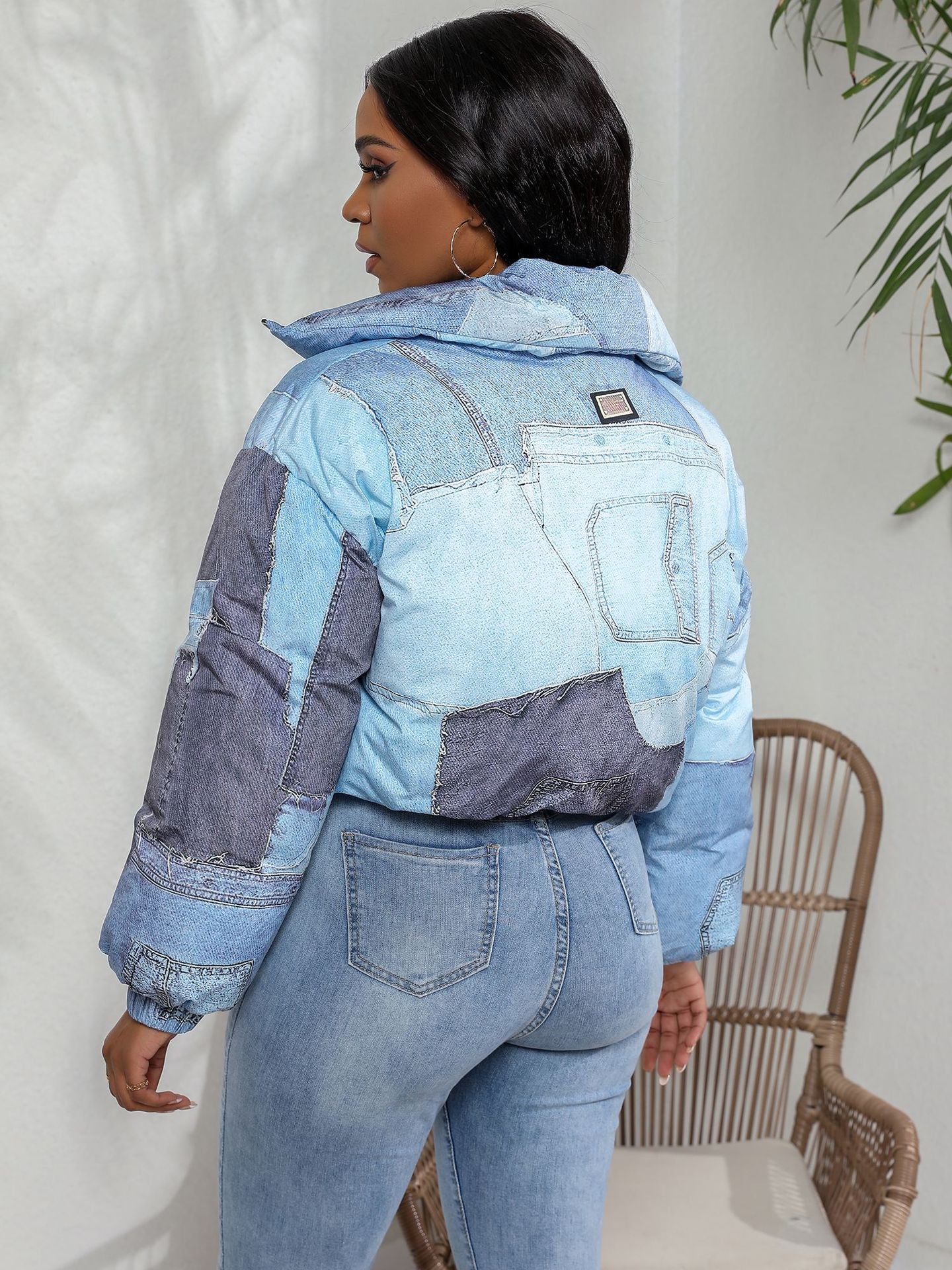 Denim Print Puffer Jacket for Women