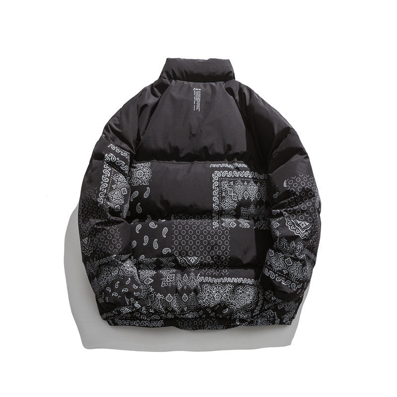 Black Puffer Jacket in Paisley Print for Men